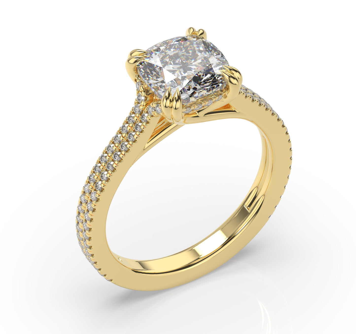 Cushion Yellow Gold Double Pave Hidden Halo Style Engagement Ring 