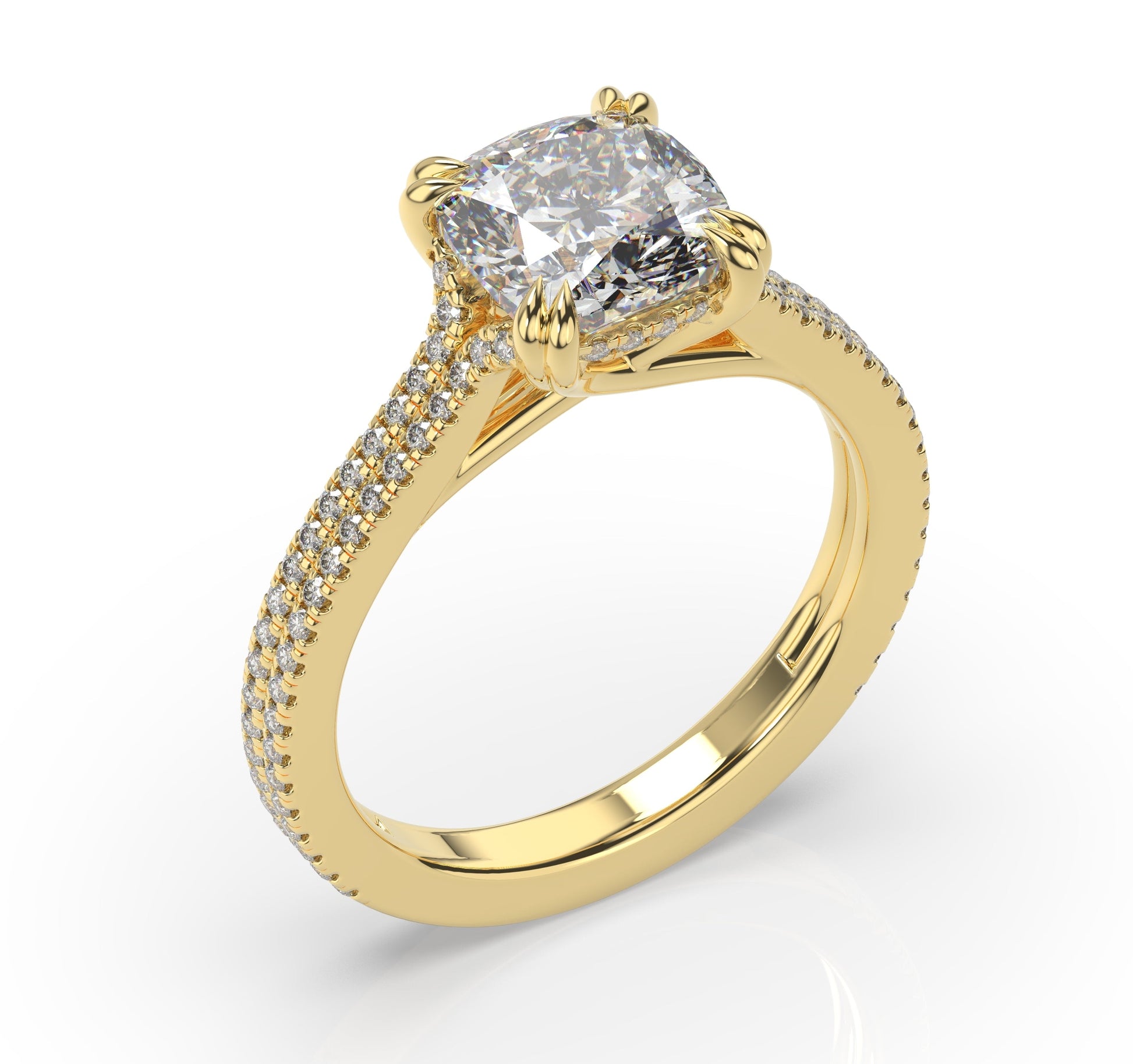Cushion Yellow Gold Double Pave Hidden Halo Style Engagement Ring 