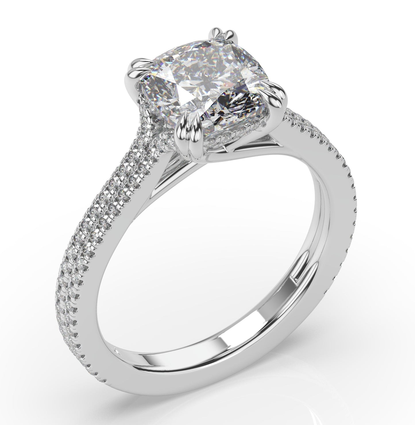 Cushion White Gold Double Pave Hidden Halo Style Engagement Ring 