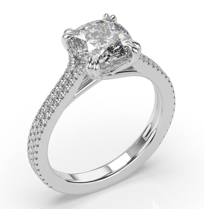 Cushion White Gold Double Pave Hidden Halo Style Engagement Ring 