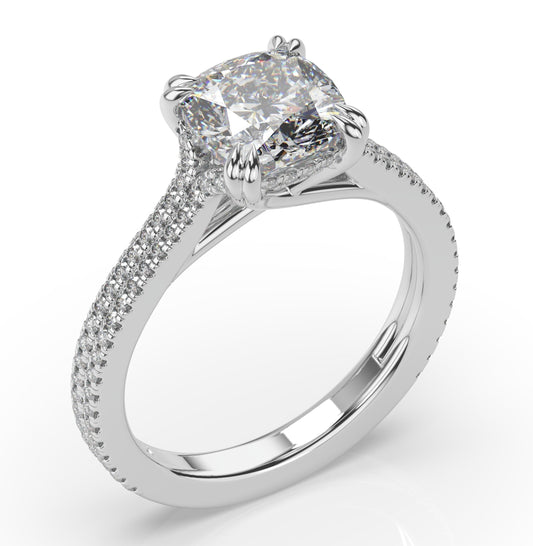 Cushion White Gold Double Pave Hidden Halo Style Engagement Ring 
