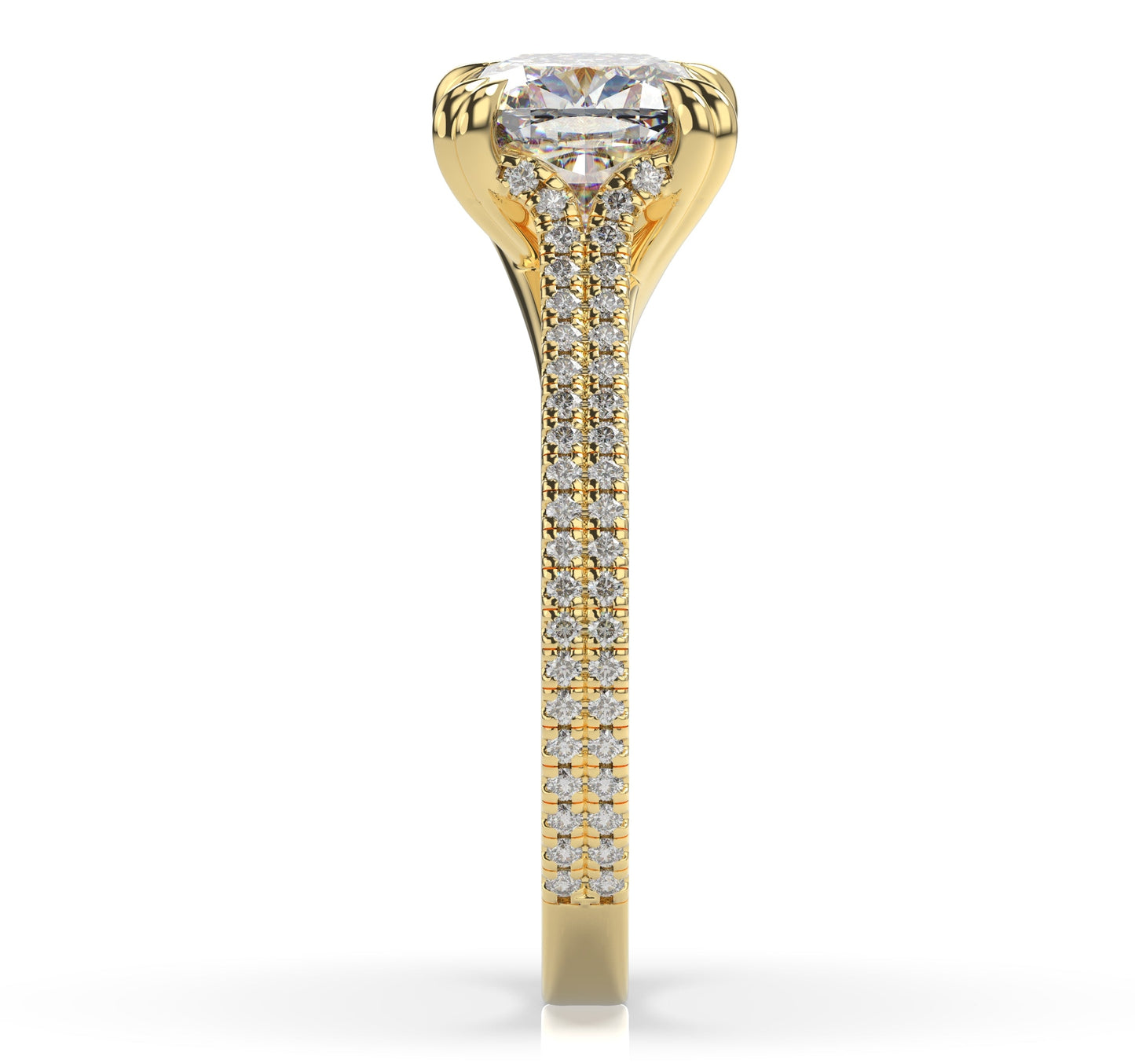 Cushion Yellow Gold Double Pave Hidden Halo Style Engagement Ring 