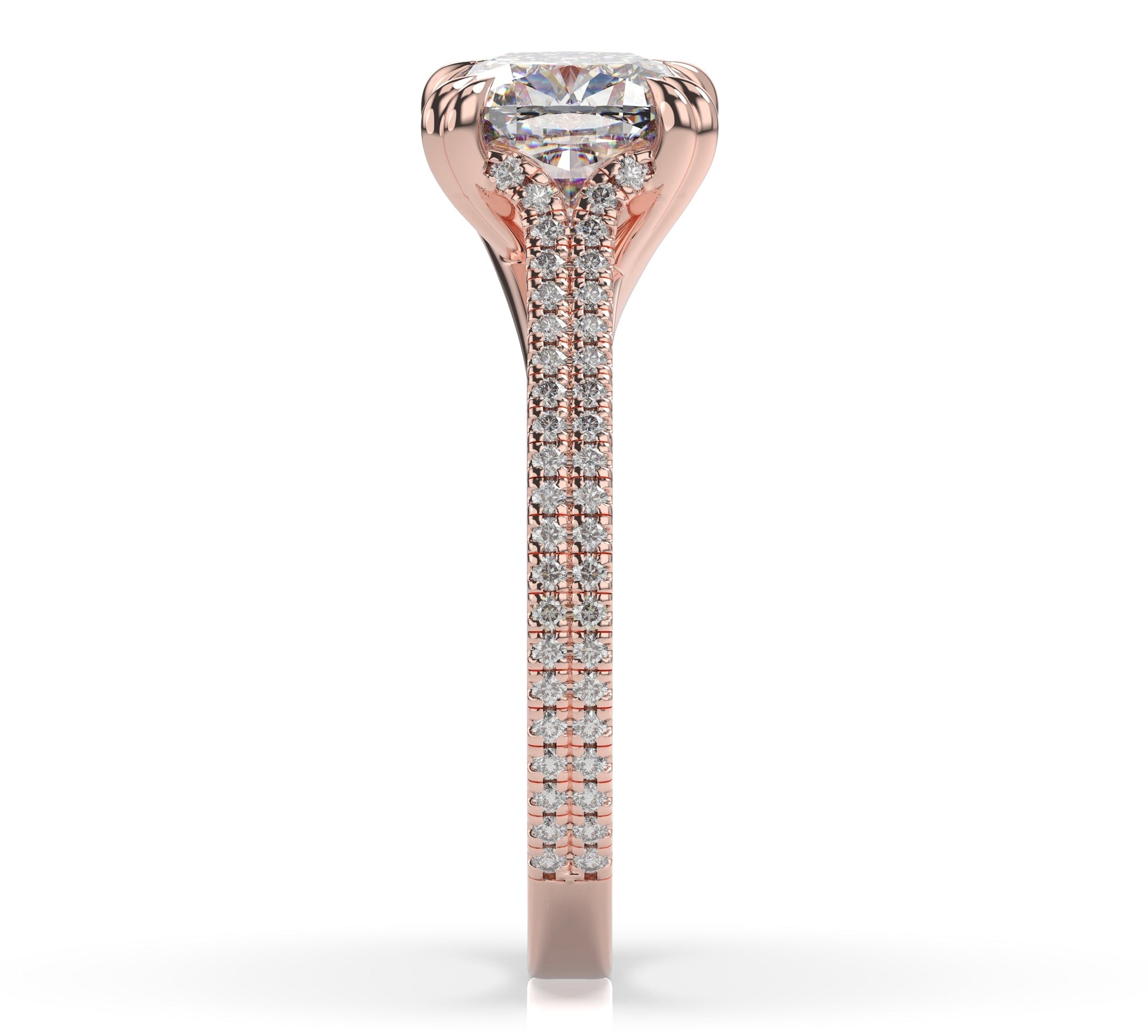 Cushion Rose Gold Double Pave Hidden Halo Style Engagement Ring 