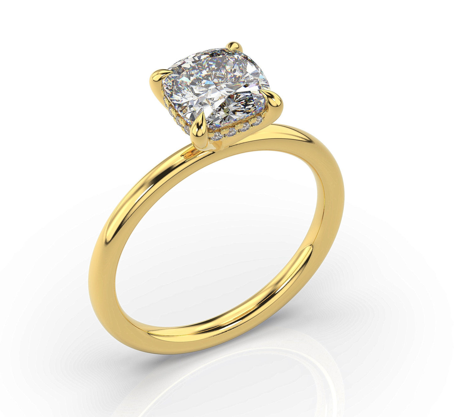 Cushion Yellow Gold Hidden Halo Solitaire Engagement Ring