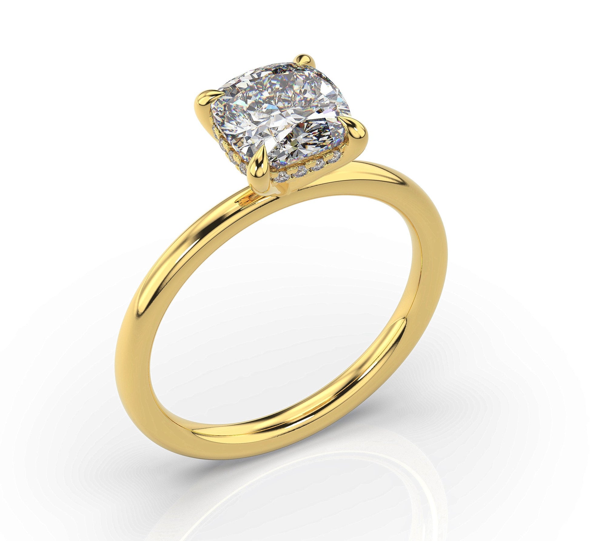 Cushion Yellow Gold Hidden Halo Solitaire Engagement Ring