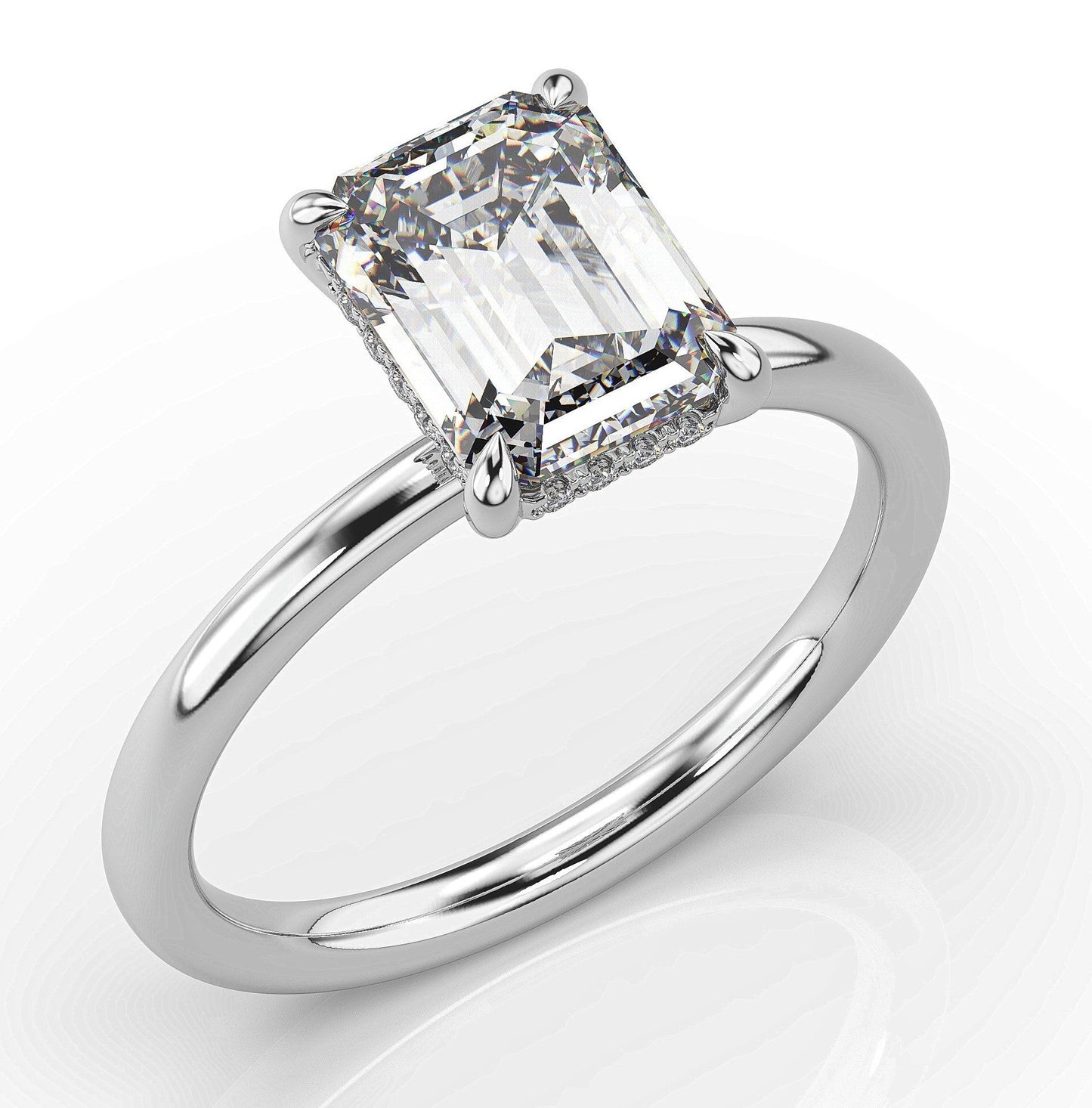 Emerald White Gold Hidden Halo Solitaire Engagement Ring
