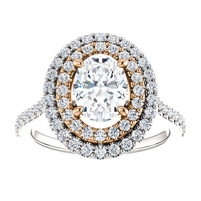 Oval Double Halo White & Rose Gold Lab Diamond Engagement Ring 