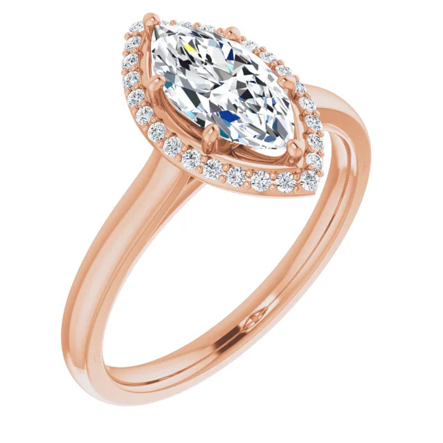 Marquise Halo Solitaire Lab Diamond Engagement Ring Rose Gold. 
