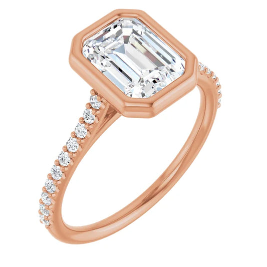 Emerald Rose Gold Bezel Pave Lab Diamond Engagement Ring 