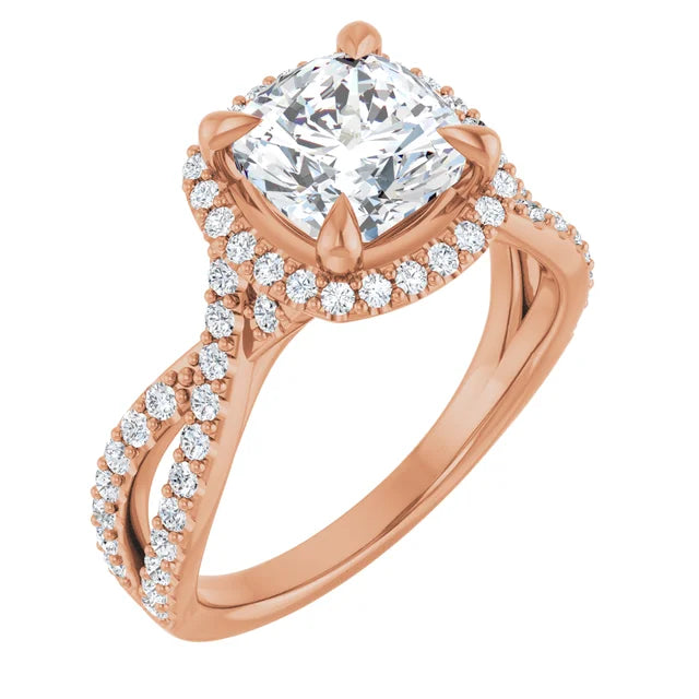 Cushion Rose Gold Twist Band Halo Lab Diamond Engagement Ring  