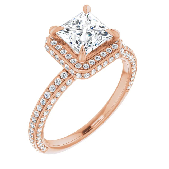 Princess Rose Gold Halo Pave Style Lab Diamond Engagement Ring 