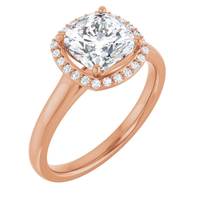 Cushion Halo Solitaire Lab Diamond Engagement Ring Rose Gold. 