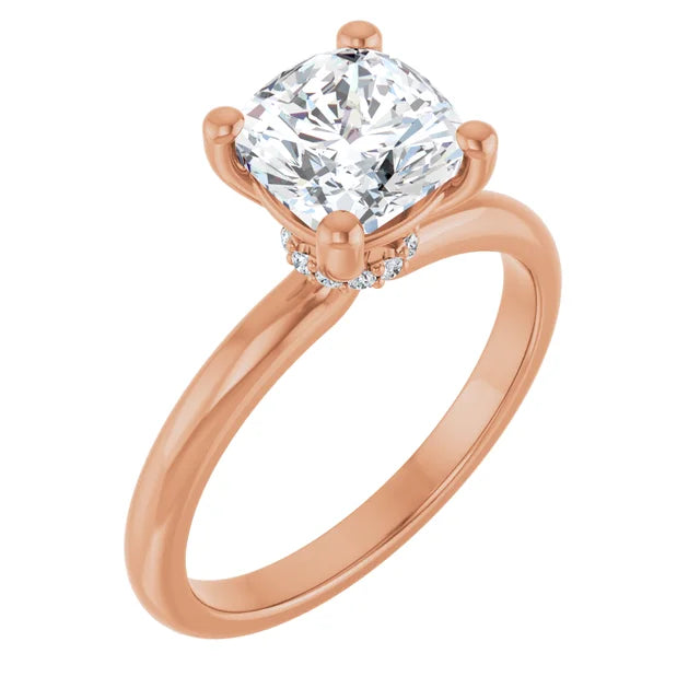 Cushion Cut Yellow Gold Low Hidden Halo Solitaire Engagement Ring