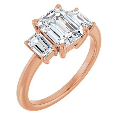 Emerald Rose Gold Tri Stone Lab Diamond Engagement Ring