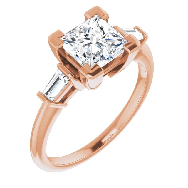 Princess Rose Gold Baguette Accent Lab Diamond Engagement Ring