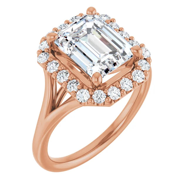 Emerald Rose Gold Halo Solitaire Split Band Lab Diamond Engagement Ring 