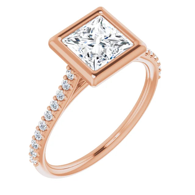 Princess Rose Gold Bezel Pave Lab Diamond Engagement Ring 