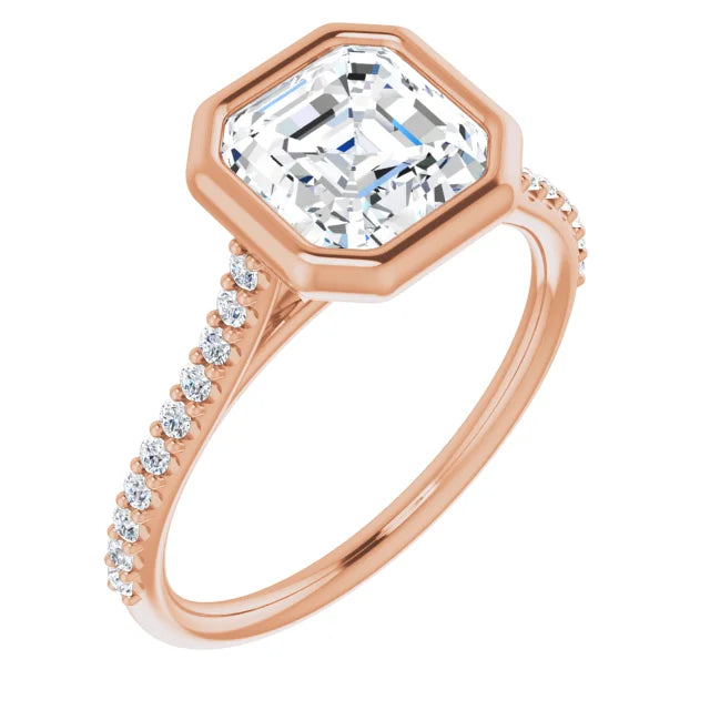Asscher Rose Gold Bezel Pave Lab Diamond Engagement Ring 