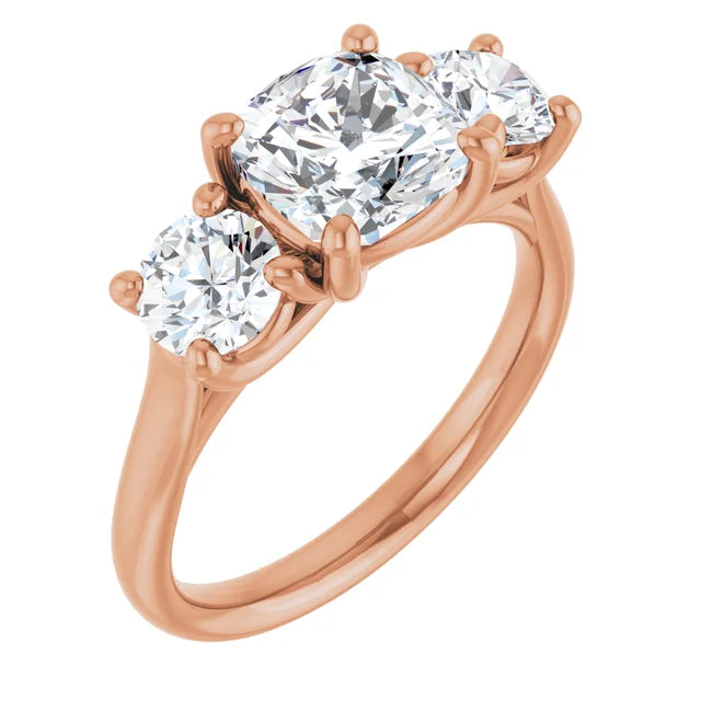 Cushion Rose Gold Tri Stone Lab Diamond Engagement Ring