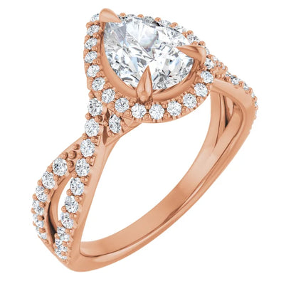 Pear Rose Gold Twist Band Halo Lab Diamond Engagement Ring  