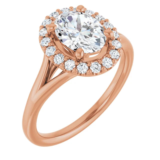 Oval Rose Gold Halo Solitaire Split Band Lab Diamond Engagement Ring 