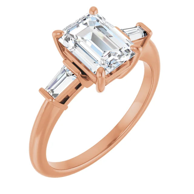Emerald Rose Gold Baguette Accent Lab Diamond Engagement Ring 