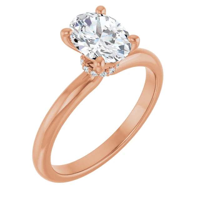 Oval Cut Rose Gold Low Hidden Halo Solitaire Engagement Ring
