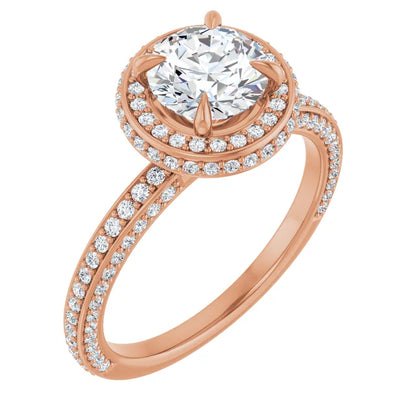 Round Brilliant Rose Gold Halo Pave Style Lab Diamond Engagement Ring 