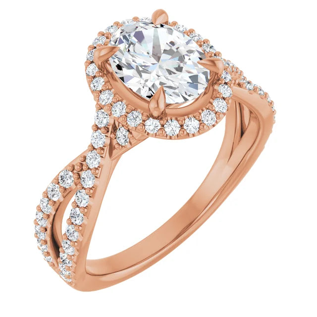 Oval Yellow Gold Twist Band Halo Lab Diamond Engagement Ring  