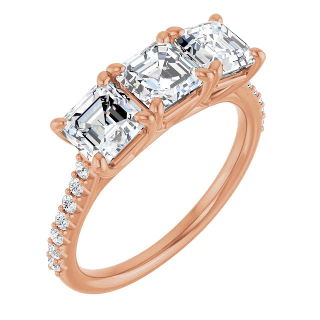 Asscher Rose Gold Tri Stone Lab Diamonds Engagement Ring 