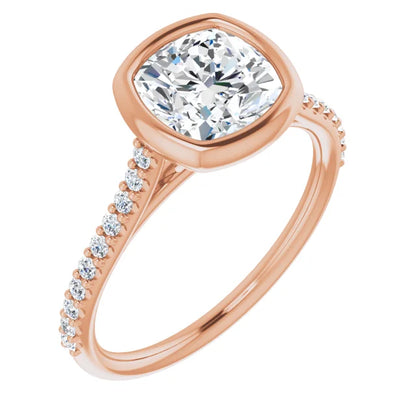 Cushion Rose Gold Bezel Pave Lab Diamond Engagement Ring 