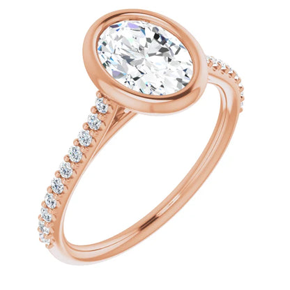 Oval Rose Gold Bezel Pave Lab Diamond Engagement Ring 