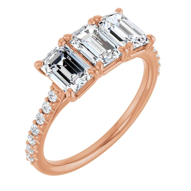 Emerald Rose Gold Tri Stone Lab Diamonds Engagement Ring 