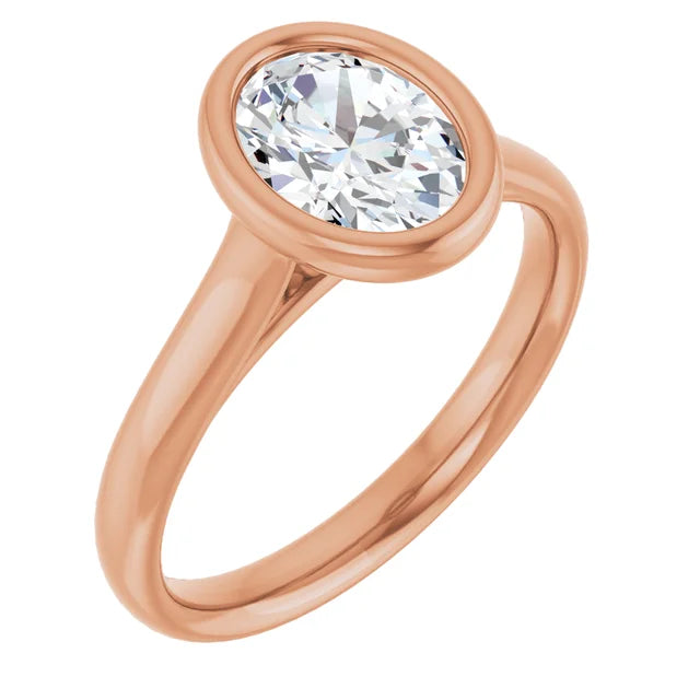 Oval Rose Gold Bezel Solitaire Lab Diamond Engagement Ring 
