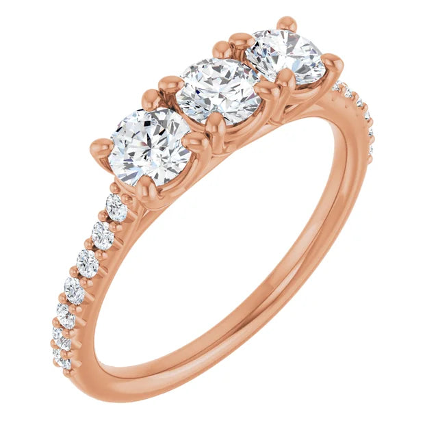 Round Brilliant Rose Gold Tri Stone Lab Diamonds Engagement Ring 