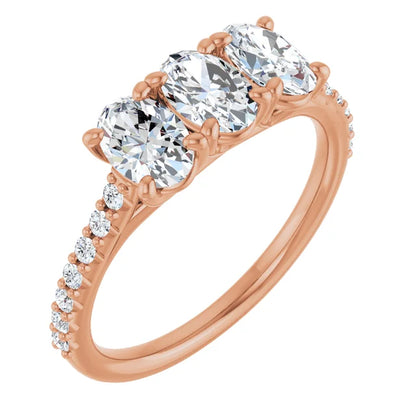 Oval Rose Gold Tri Stone Lab Diamonds Engagement Ring 