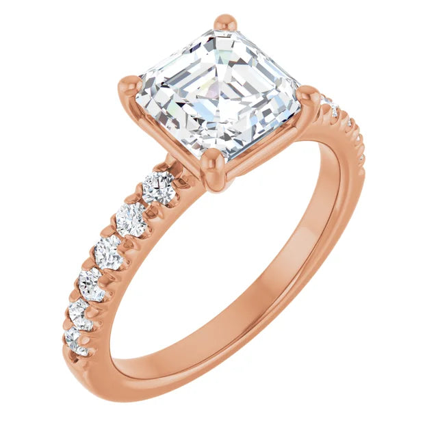 Asscher Four Claw Pave Rose Gold Engagement Ring 