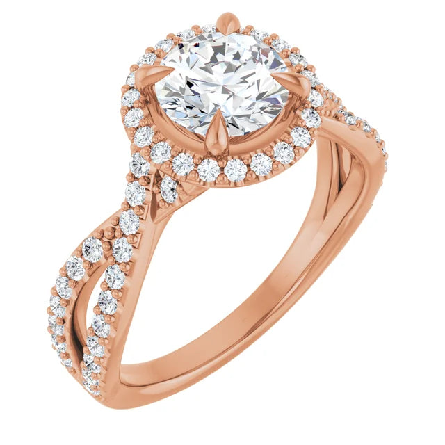 Round Brilliant Rose Gold Twist Band Halo Lab Diamond Engagement Ring  