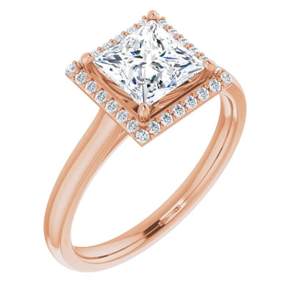 Princess Halo Solitaire Lab Diamond Engagement Ring Rose Gold. 