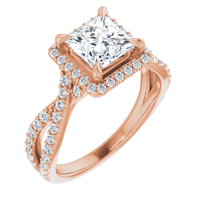 Princess Rose Gold Twist Band Halo Lab Diamond Engagement Ring  