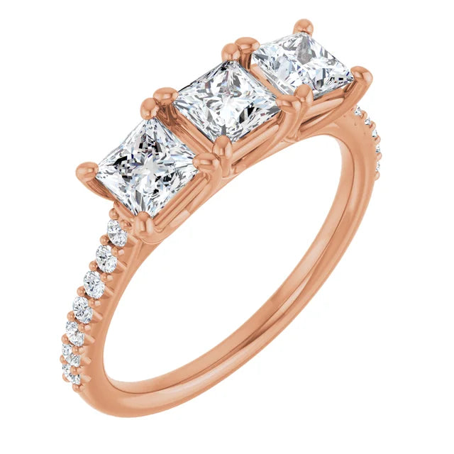 Princess Rose Gold Tri Stone Lab Diamonds Engagement Ring 