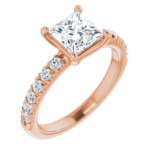Princess Rose Gold Four Claw Pave Band Lab Diamond Engagement Ring 
