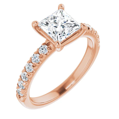 Princess Rose Gold Four Claw Pave Band Lab Diamond Engagement Ring 