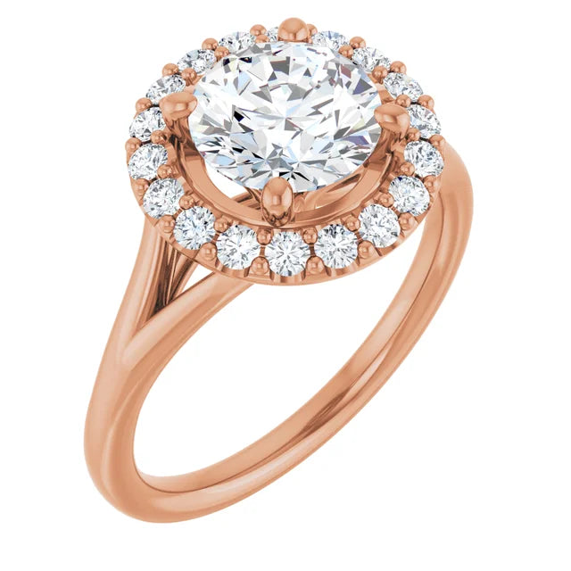 Round Brilliant Rose Gold Halo Solitaire Split Band Lab Diamond Engagement Ring 