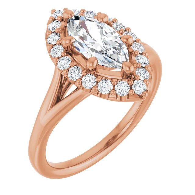 Marquise Rose Gold Halo Solitaire Split Band Lab Diamond Engagement Ring 