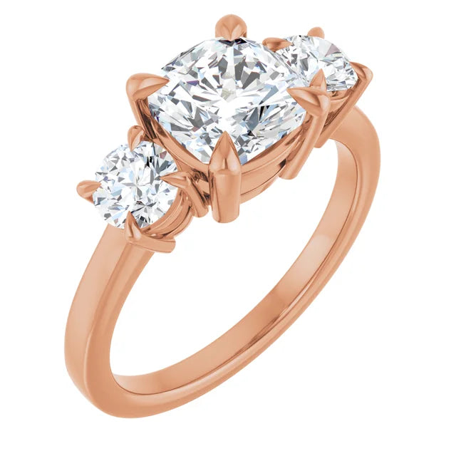 Cushion Rose Gold Tri Stone Lab Diamond Engagement Ring 