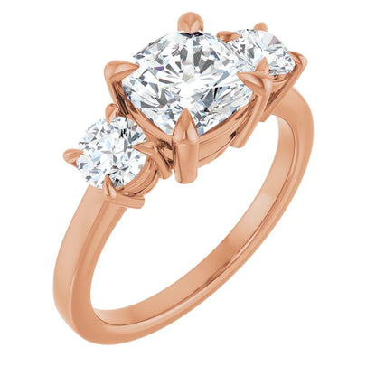 Cushion Rose Gold Tri Stone Lab Diamond Engagement Ring 