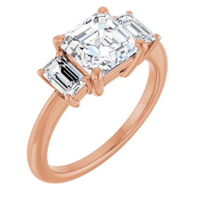 Asscher Rose Gold Tri Stone Lab Diamond Engagement Ring
