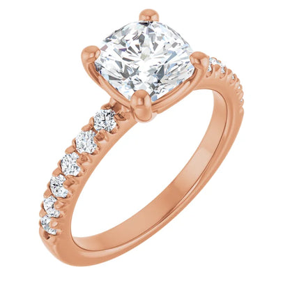 Cushion Four Claw Pave Rose Gold Engagement Ring 