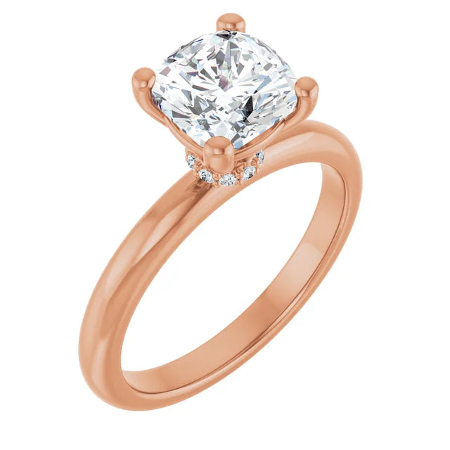 Cushion Cut Rose Gold Low Hidden Halo Solitaire Engagement Ring